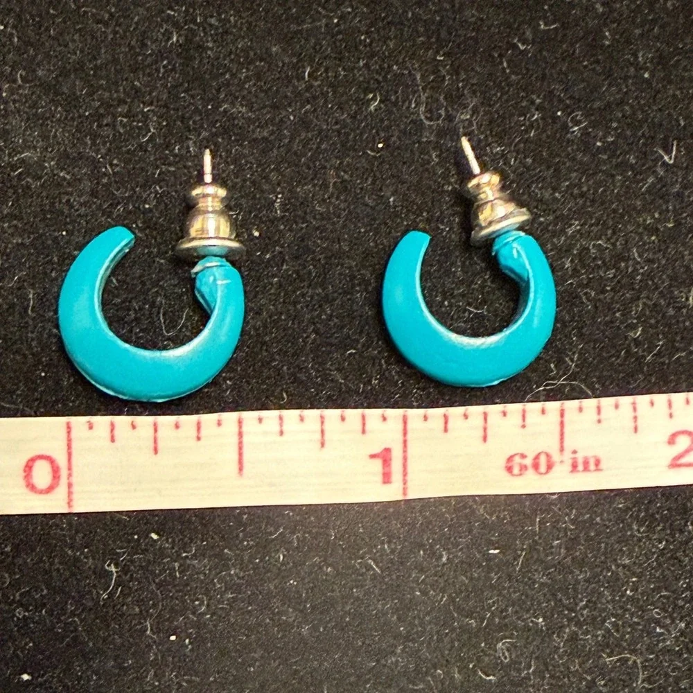 Teal Blue Enamel Hoop Earrings Small C-Shape Glossy Retro Studs Push Back